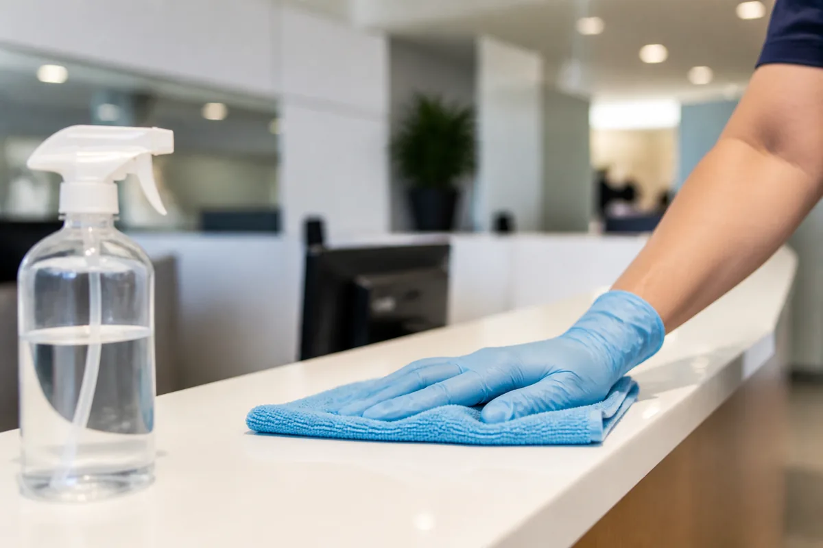 Operario con guantes sanitizando el escritorio de un módulo de atención en un aeropuerto